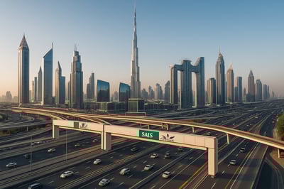 Dubai skyline with modern highways and toll gates Dubai skyline with modern highways and toll gates