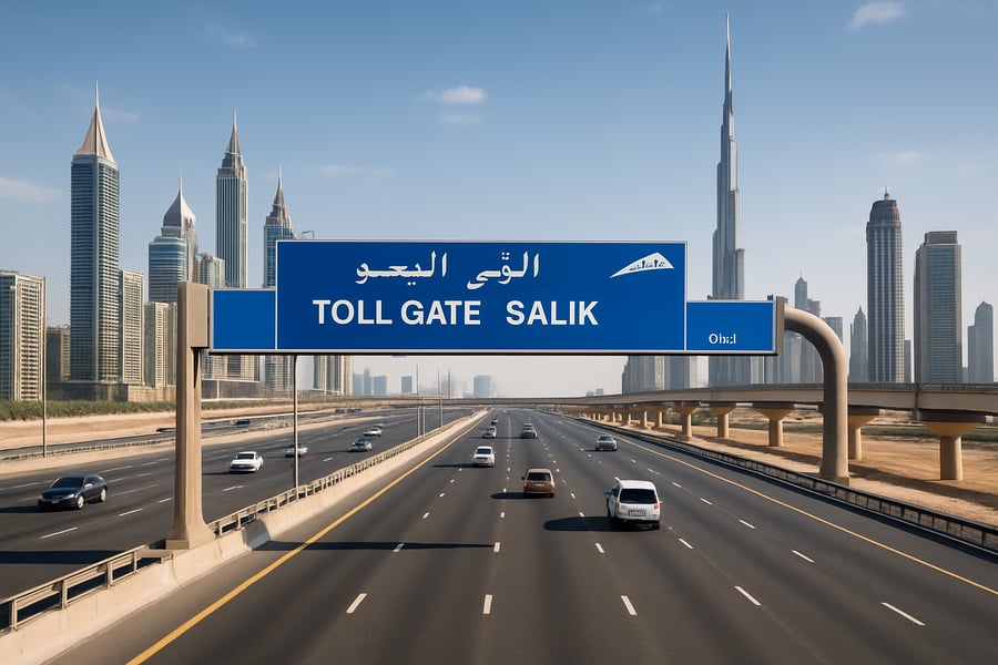 Dubai toll road with city skyline in the background Dubai toll road with city skyline in the background