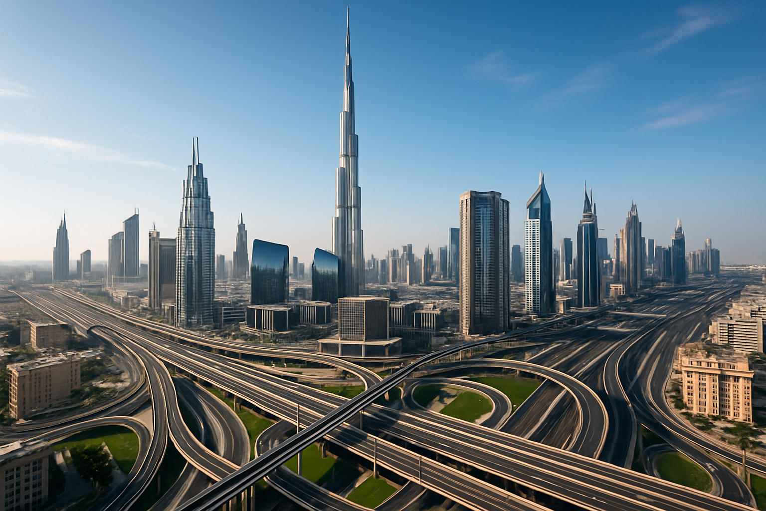 Dubai skyline with efficient road network